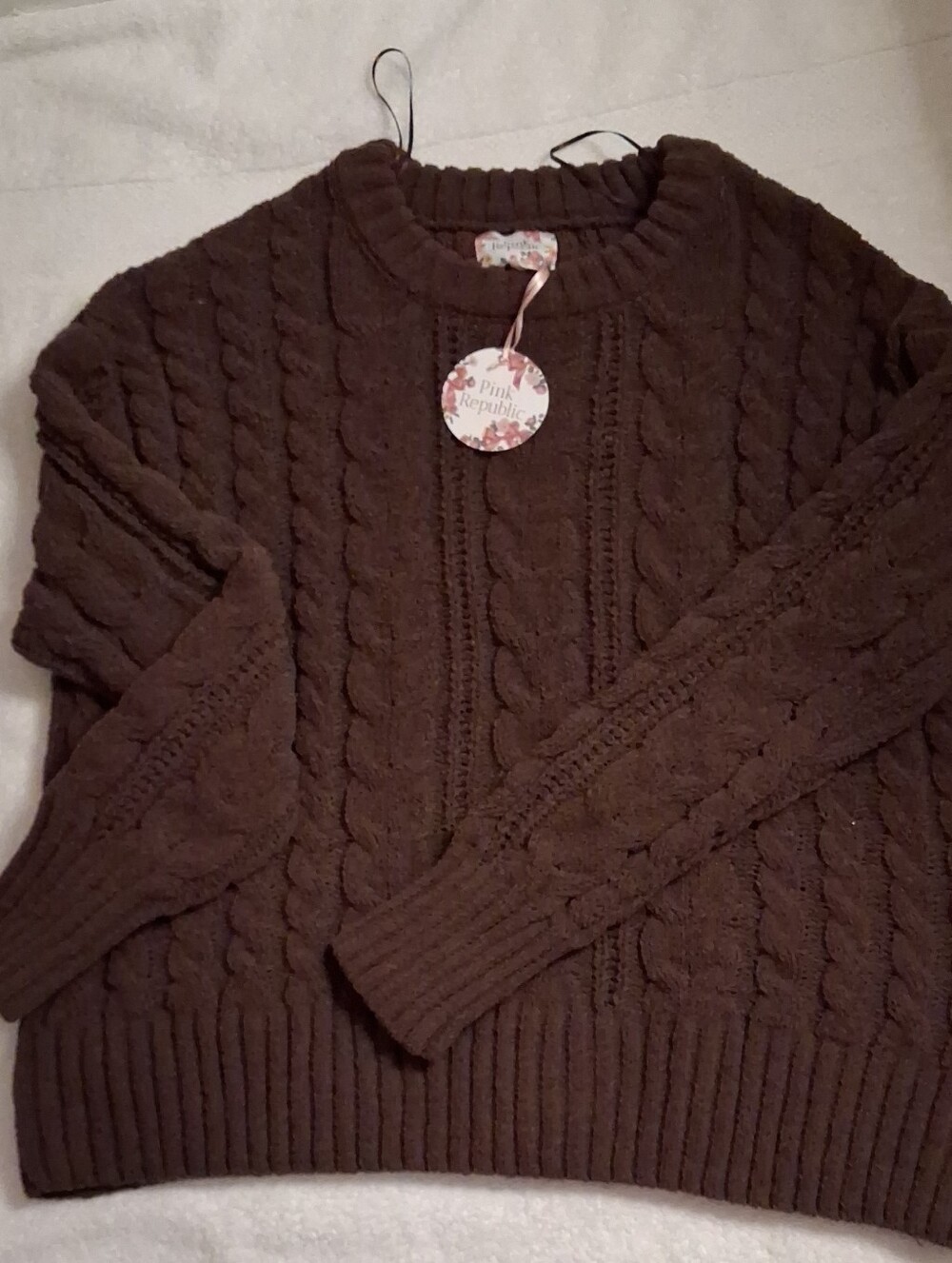 NWT Pink Republic Chocolate Brown Chunky Cable Knit Crewneck Sweater